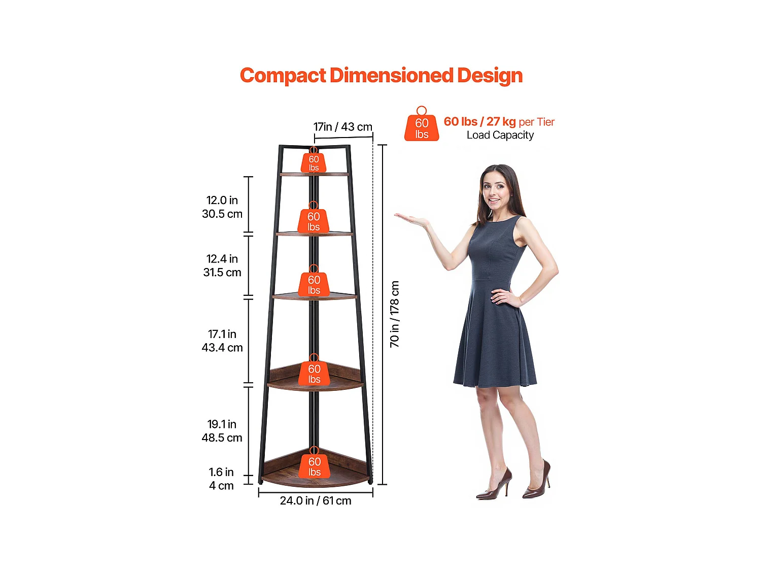 Eckregal SucceBuy mit 5 Ebenen, Eckbücherregal, Höhe 178 cm, Wandaufbewahrungsmöbel mit Metallrahmen und Holzregalen