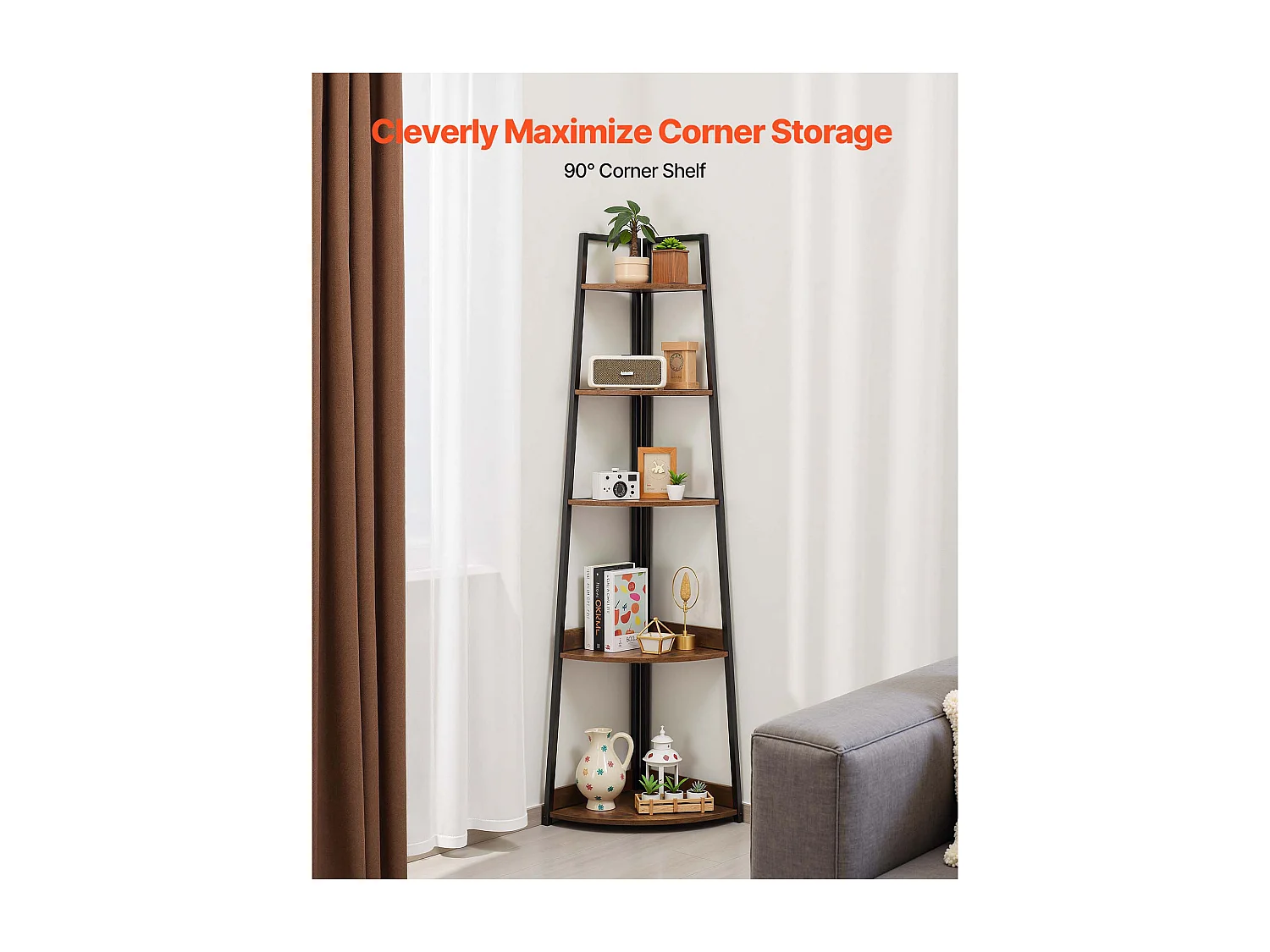 Prateleira de Canto SucceBuy com 5 Níveis, Estante de Canto, Altura 178 cm, Móvel de Armazenamento de Parede com Estrutura de Metal e Prateleiras de Madeira