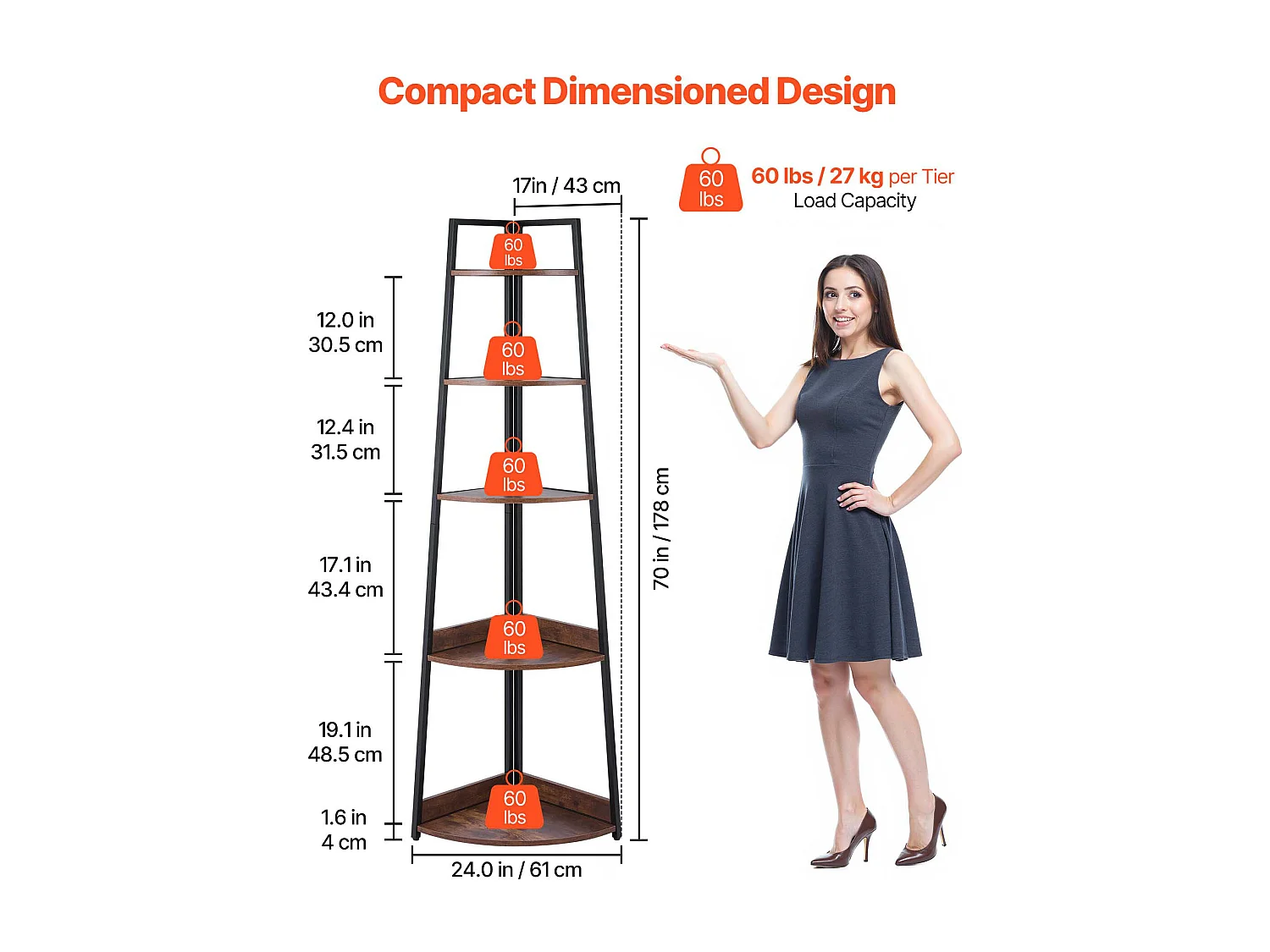 Prateleira de Canto SucceBuy com 5 Níveis, Estante de Canto, Altura 178 cm, Móvel de Armazenamento de Parede com Estrutura de Metal e Prateleiras de Madeira