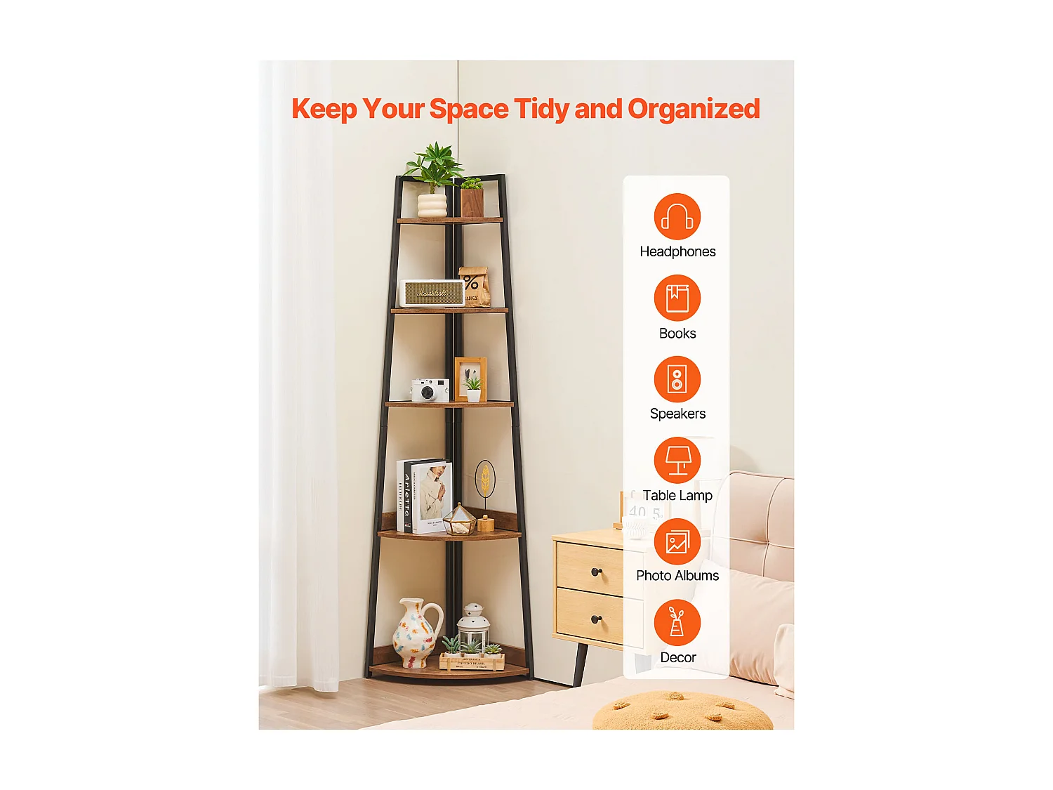 Prateleira de Canto SucceBuy com 5 Níveis, Estante de Canto, Altura 178 cm, Móvel de Armazenamento de Parede com Estrutura de Metal e Prateleiras de Madeira