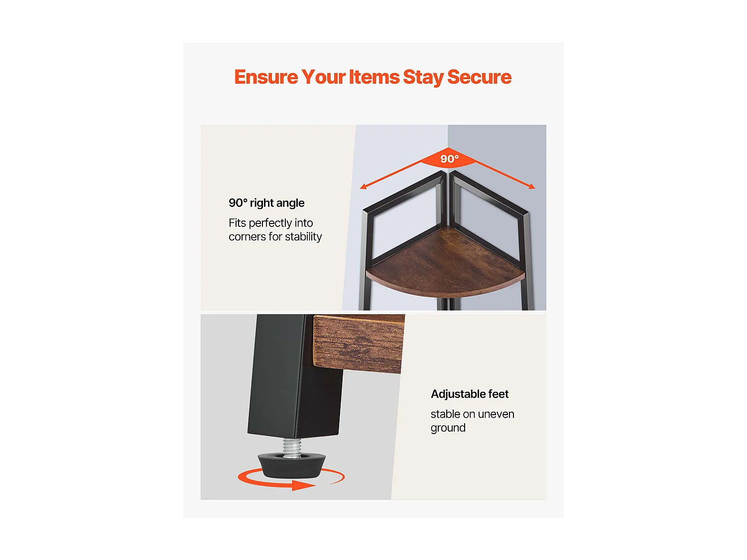 Prateleira de Canto SucceBuy com 5 Níveis, Estante de Canto, Altura 178 cm, Móvel de Armazenamento de Parede com Estrutura de Metal e Prateleiras de Madeira