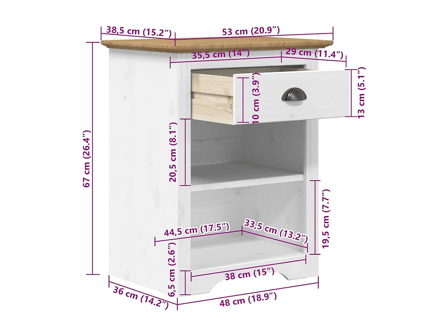 Idren  Nachtkastje BODO 53x38,5x67 cm massief grenenhout bruin