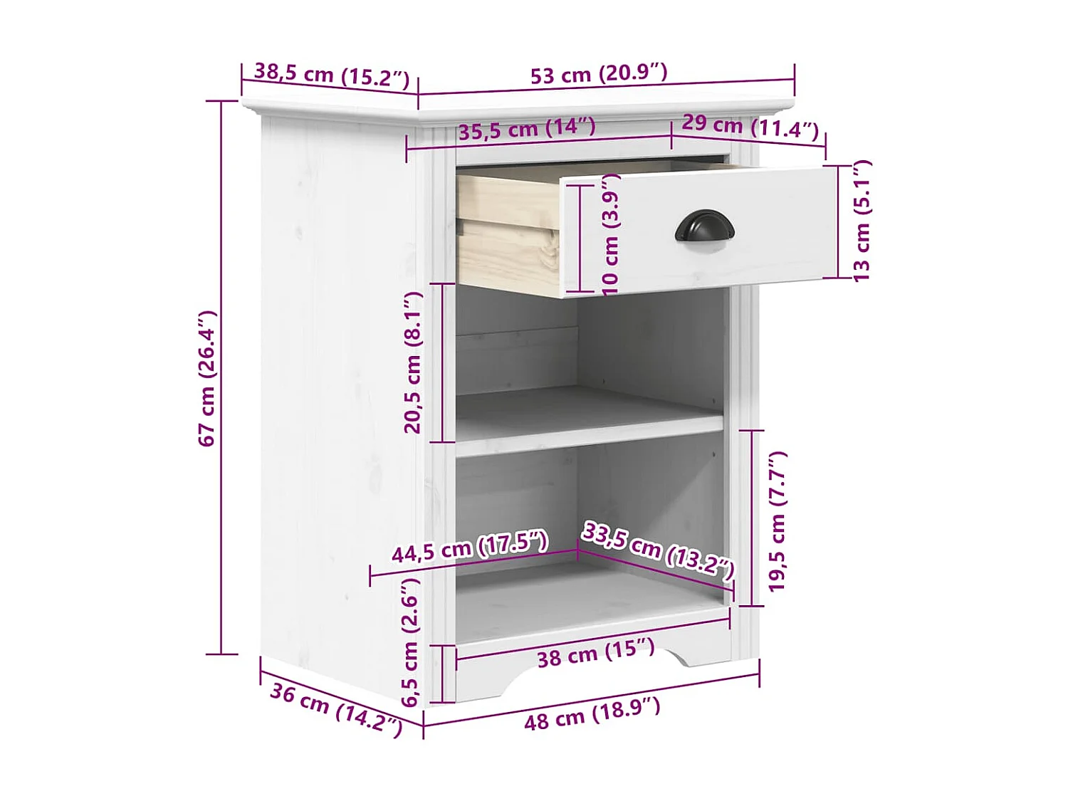 Idren  Mesita de noche BODO madera maciza de pino blanco 53x38,5x67 cm