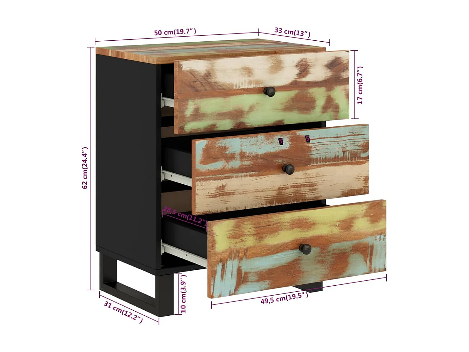 Mie  Table de chevet 50x33x62cm Bois de récupération et d'ingénierie