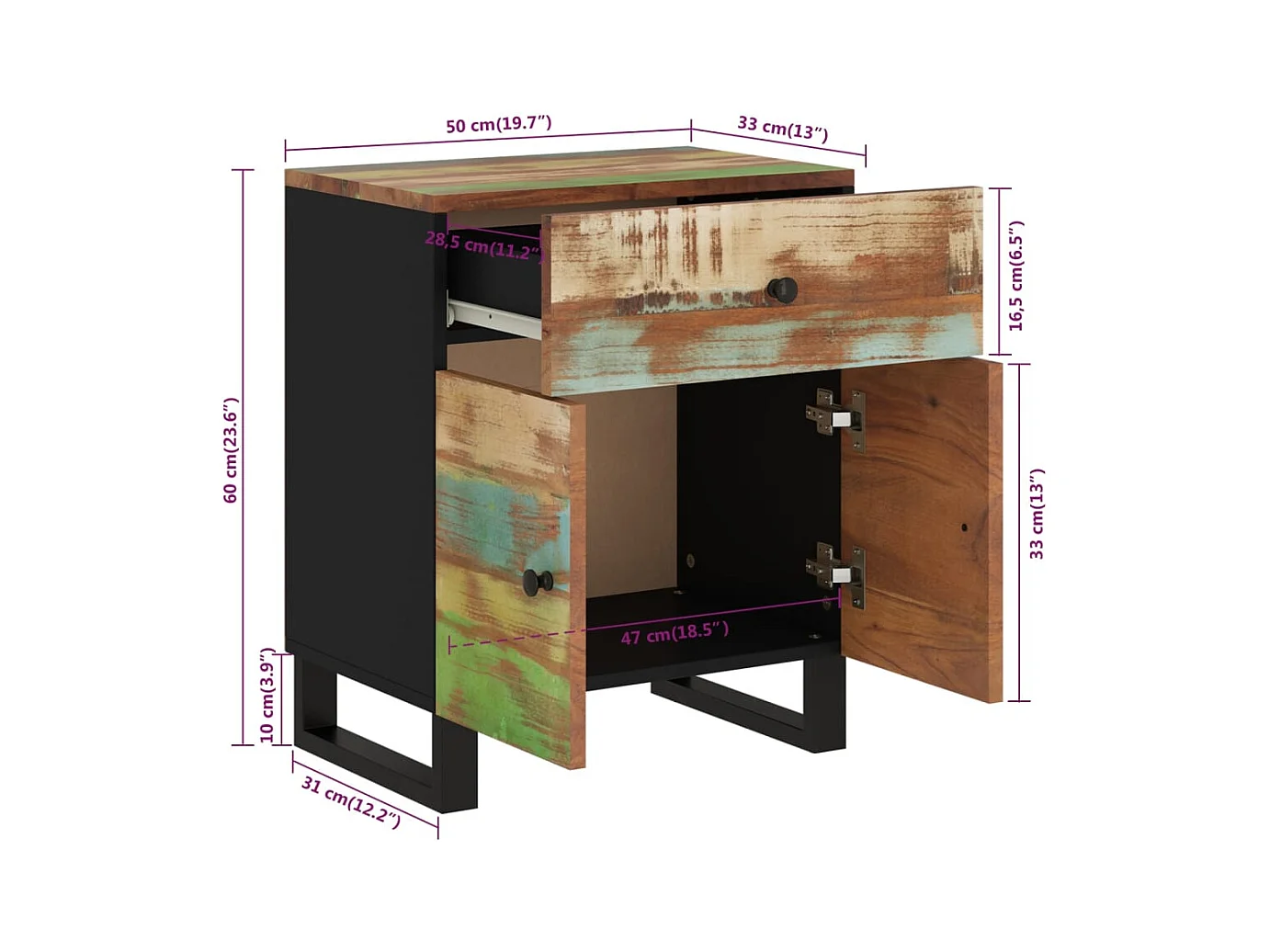Bondy  Table de chevet 50x33x60cm Bois de récupération et d'ingénierie