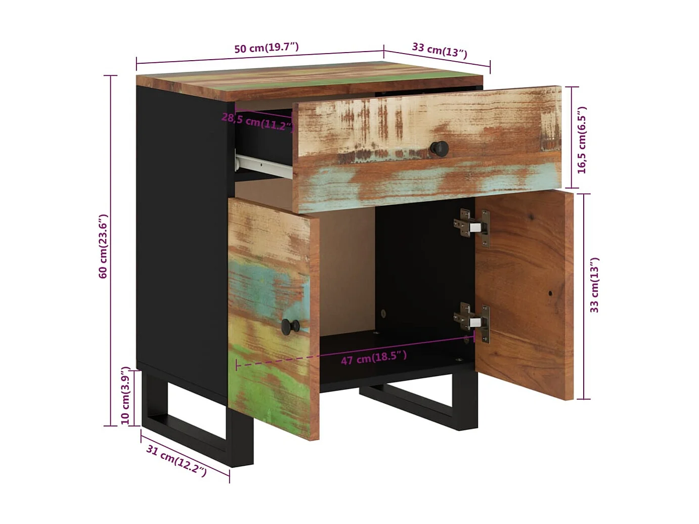 Bondy  Table de chevet 50x33x60cm Bois de récupération et d'ingénierie