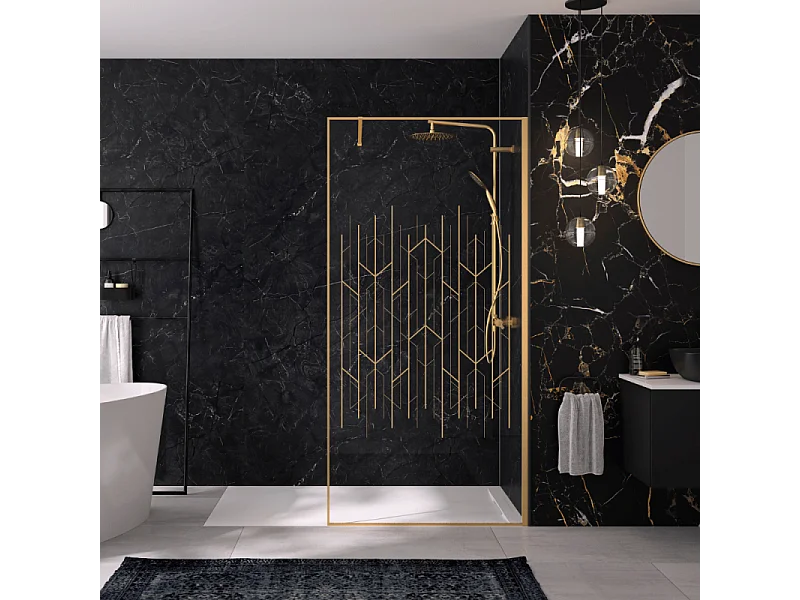 Paroi de douche KINEDO Solo Design + sérigraphié art déco 100cm profilé Or brossé