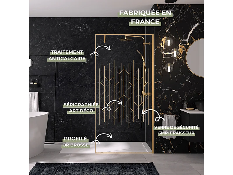 Paroi de douche KINEDO Solo Design + sérigraphié art déco 100cm profilé Or brossé
