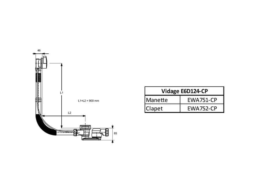 Vidage JACOB DELAFON avec siphon extra-plat, câble long et trop pleins réglable