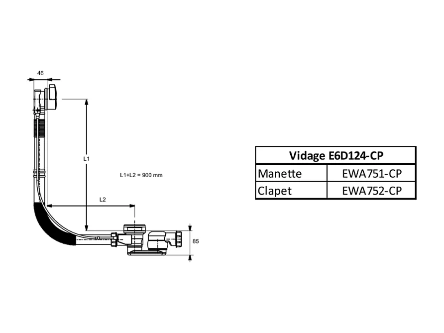 Vidage JACOB DELAFON avec siphon extra-plat, câble long et trop pleins réglable