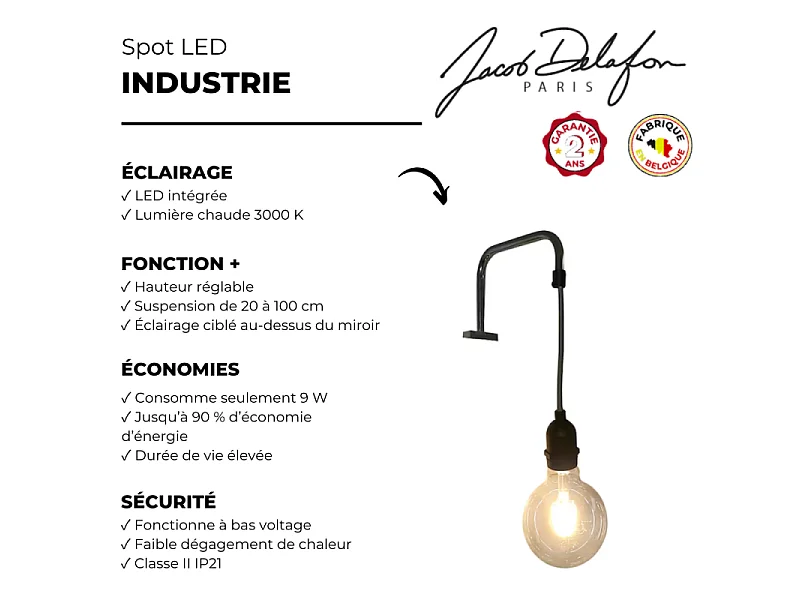 Spot LED "Industrie suspendue" JACOB DELAFON noir mat