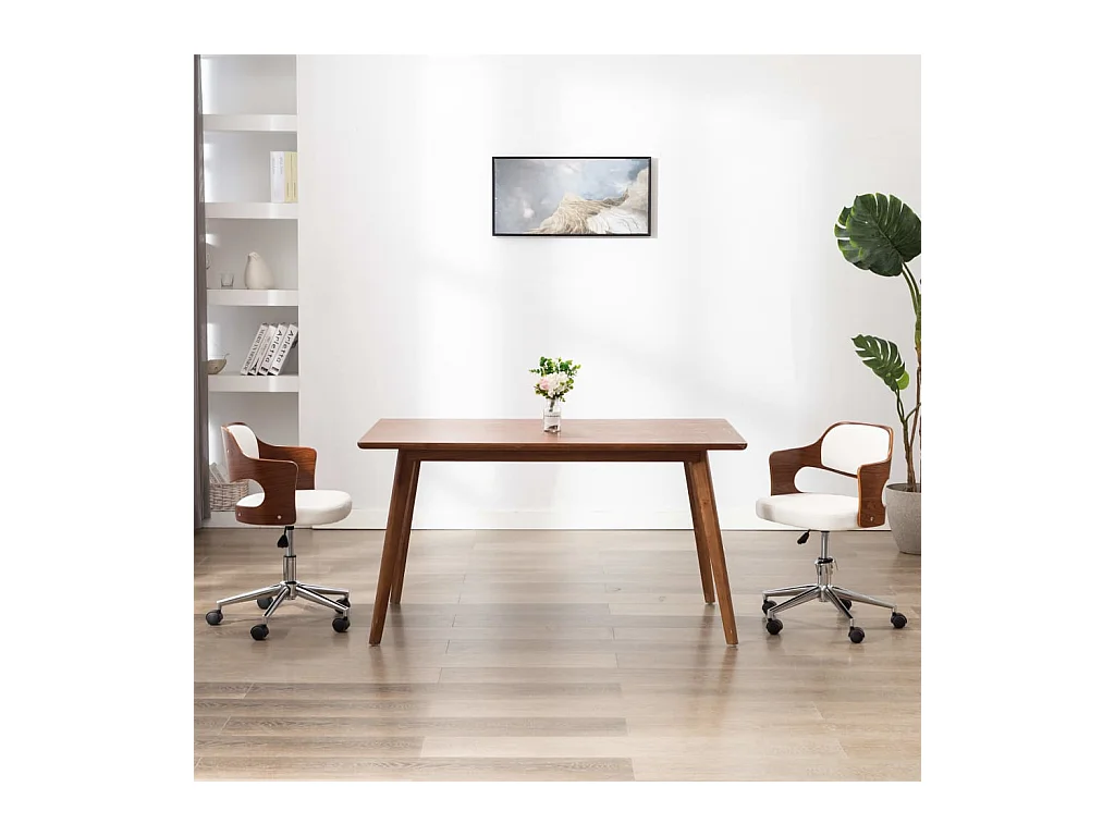 Chaise pivotante de bureau Blanc Bois courbé et similicuir