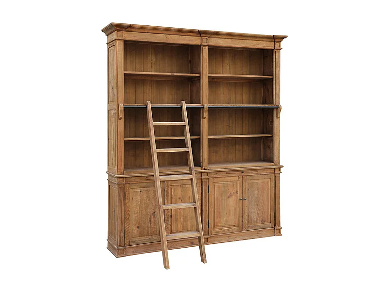 Grande bibliothèque en pin recyclé massif avec échelle - CHALET