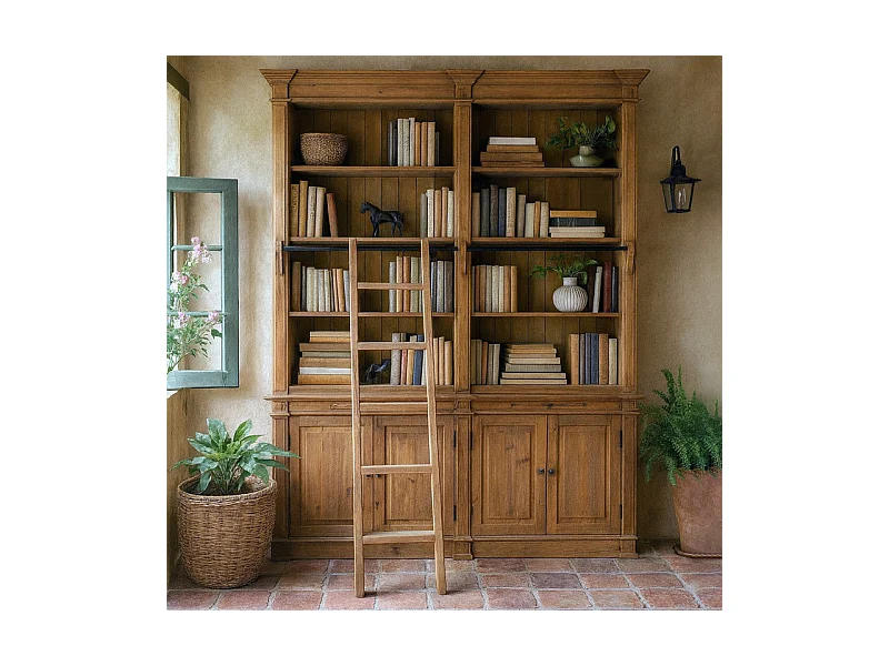 Grande bibliothèque en pin recyclé massif avec échelle - CHALET