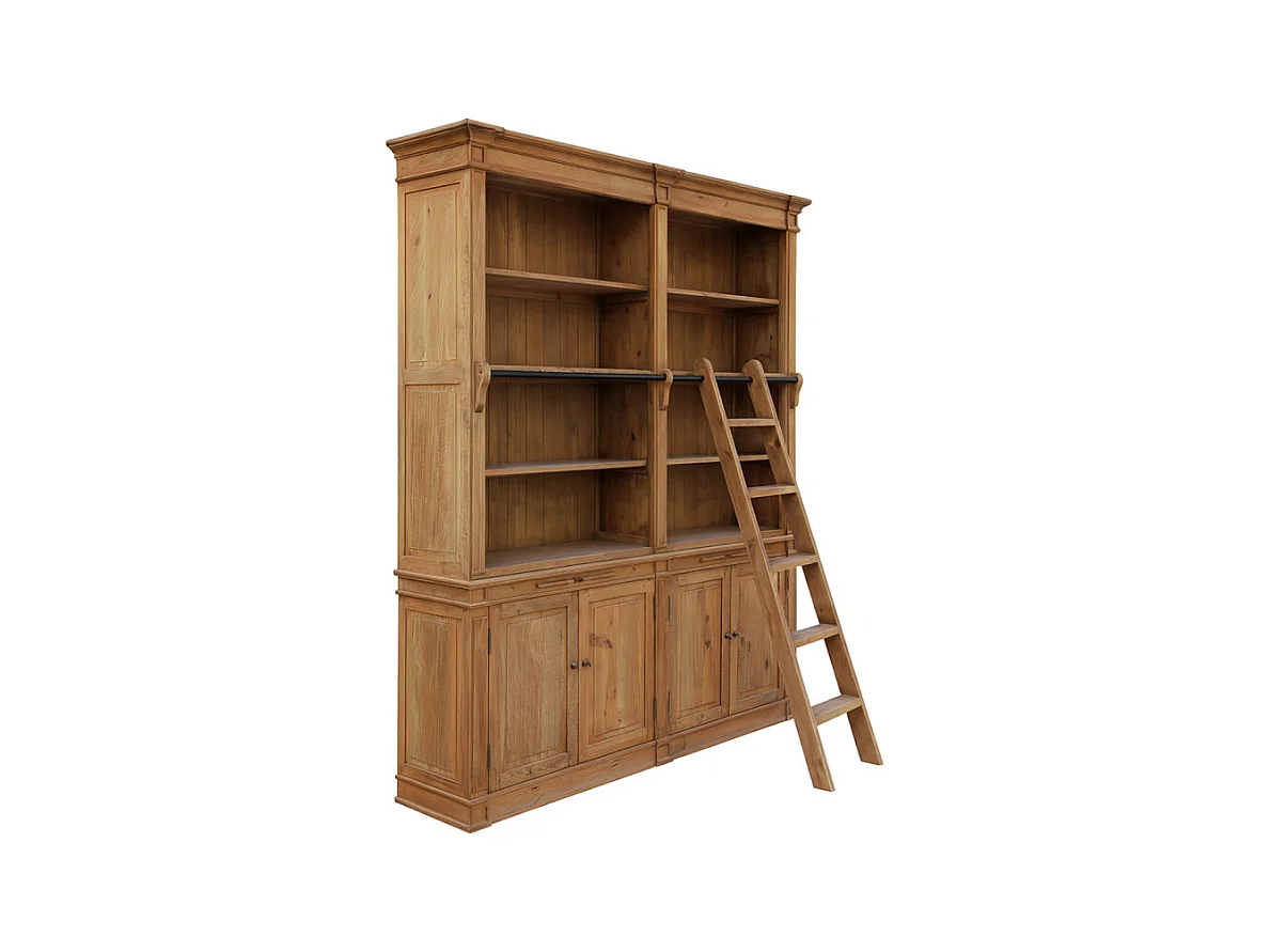 Grande bibliothèque en pin recyclé massif avec échelle - CHALET