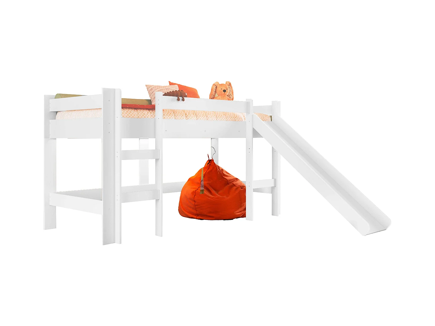 Lit mezzanine enfant Nubbi avec toboggan, chambre blanche 202x110x210 cm
