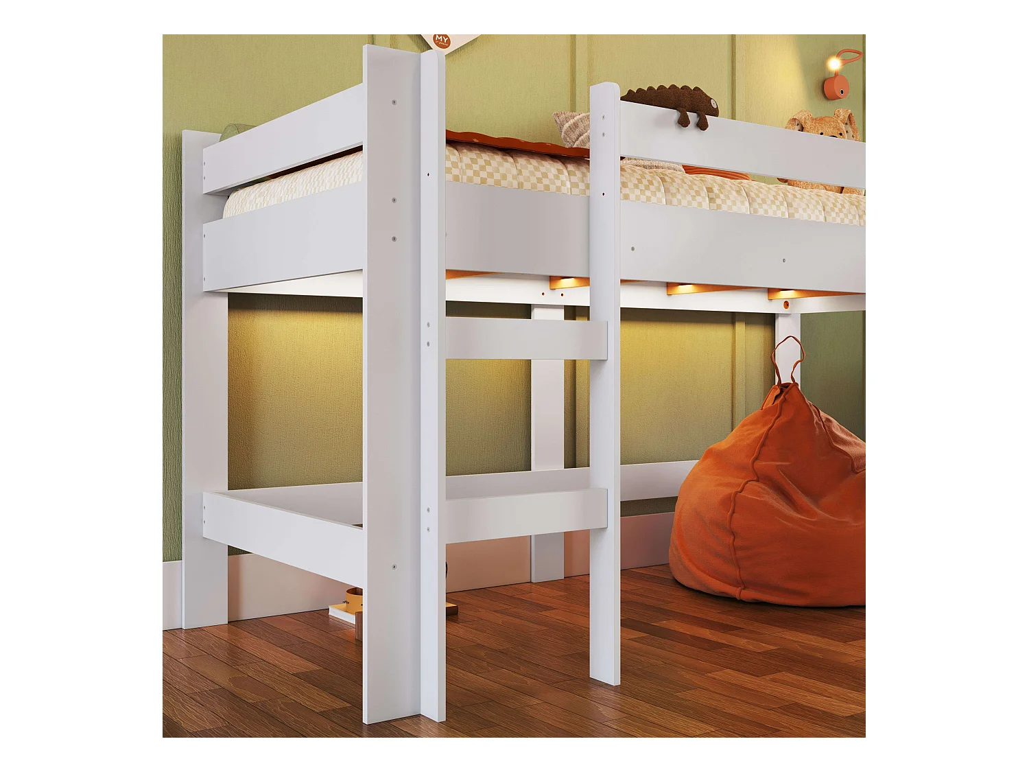 Lit mezzanine enfant Nubbi avec toboggan, chambre blanche 202x110x210 cm