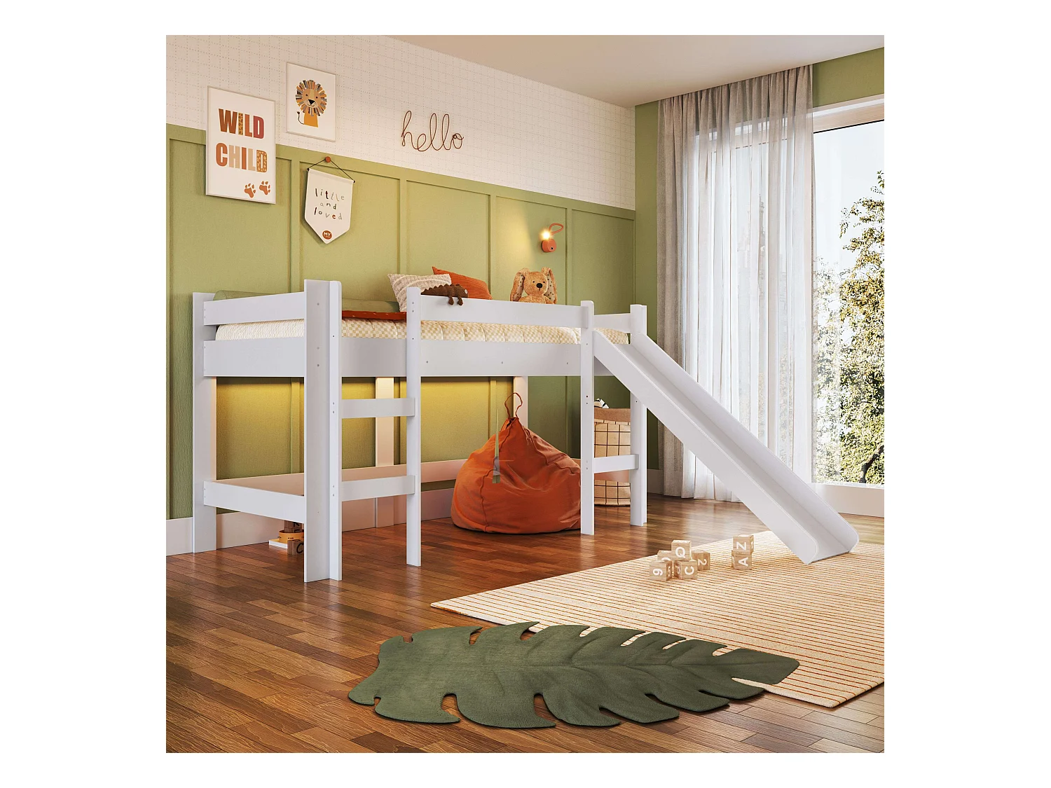 Lit mezzanine enfant Nubbi avec toboggan, chambre blanche 202x110x210 cm