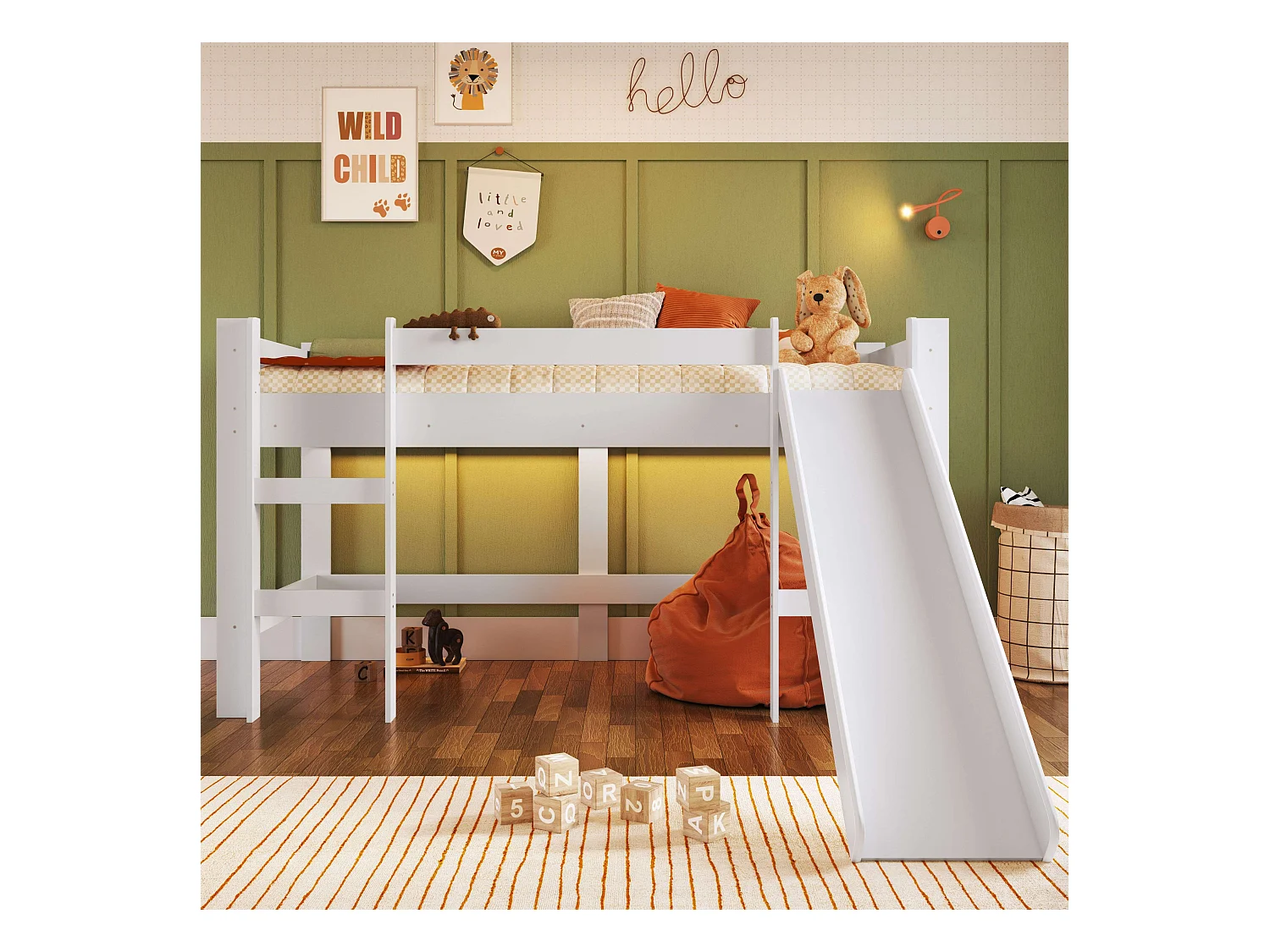 Cama alta infantil Nubbi c/tobogán, dormitorio blanco 202x110x210 cm