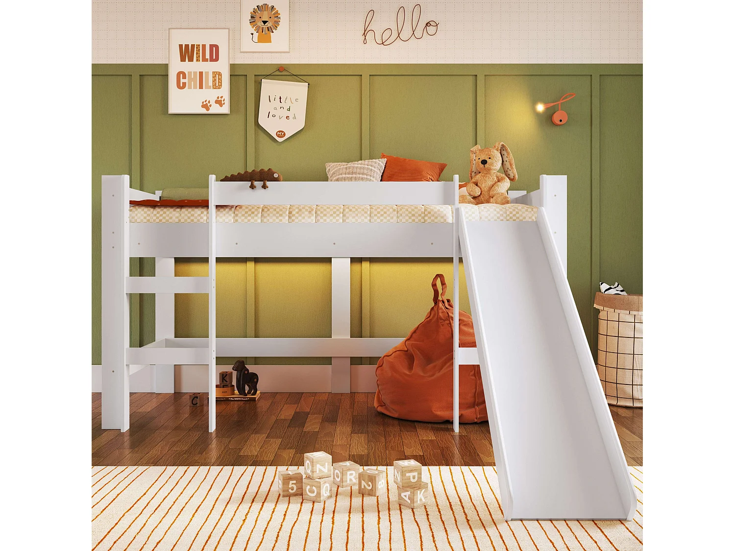 Cama alta infantil Nubbi com escorregador, quarto branco 202x110x210 cm