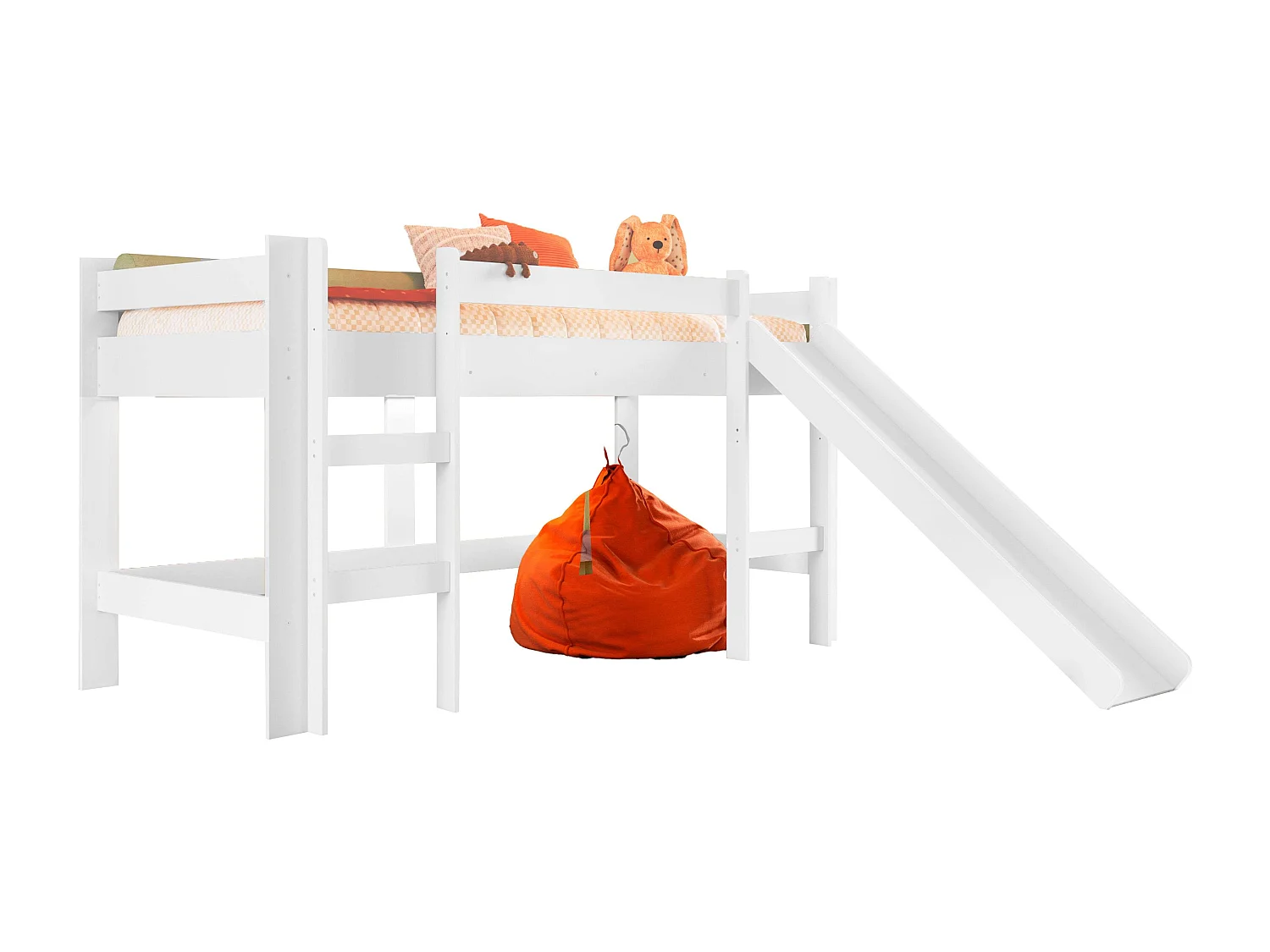 Cama alta infantil Nubbi com escorregador, quarto branco 202x110x210 cm