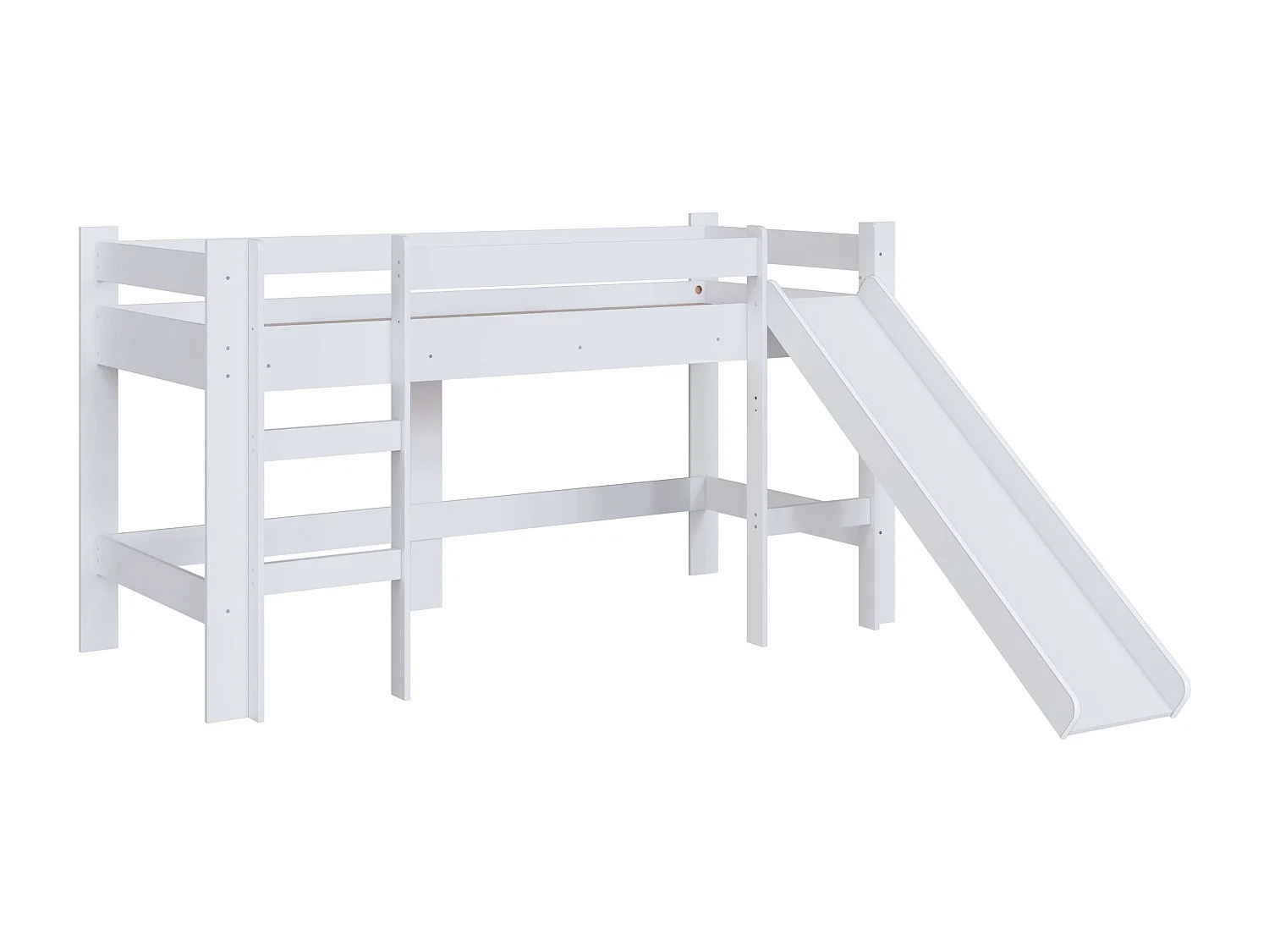 Cama alta infantil Nubbi com escorregador, quarto branco 202x110x210 cm