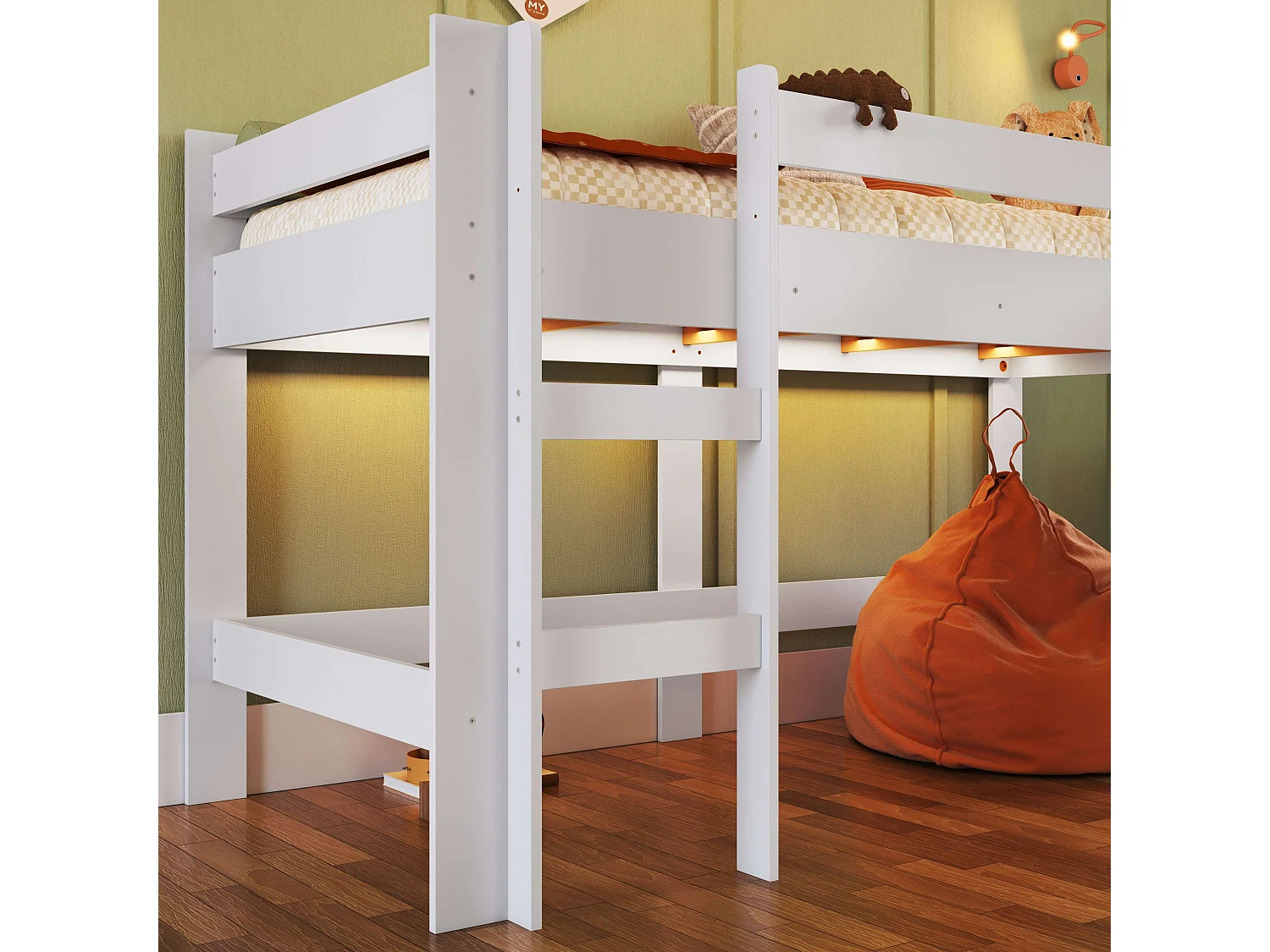 Cama alta infantil Nubbi com escorregador, quarto branco 202x110x210 cm