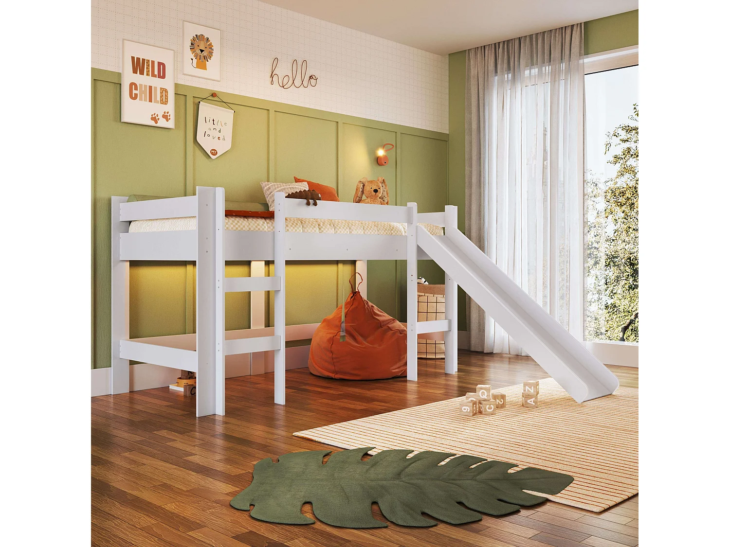 Cama alta infantil Nubbi com escorregador, quarto branco 202x110x210 cm