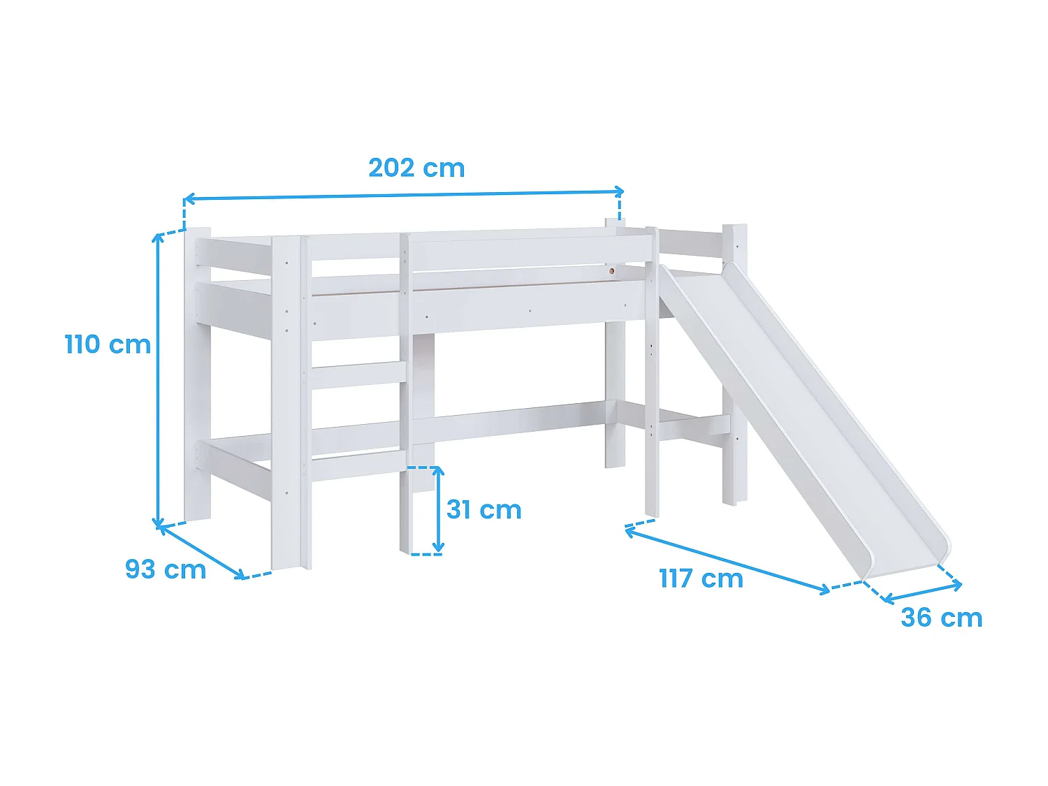 Cama alta infantil Nubbi com escorregador, quarto branco 202x110x210 cm