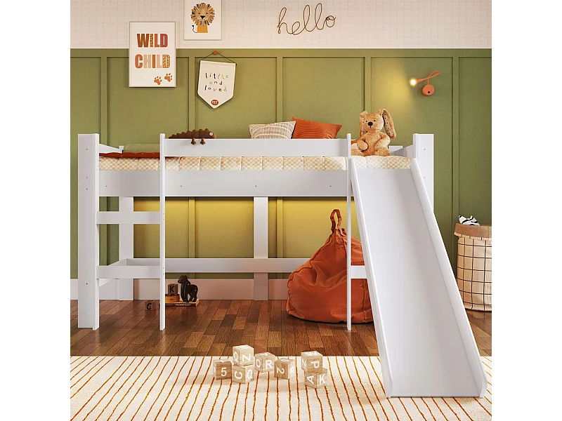 Lit mezzanine enfant Nubbi avec toboggan, chambre blanche 202x110x210 cm