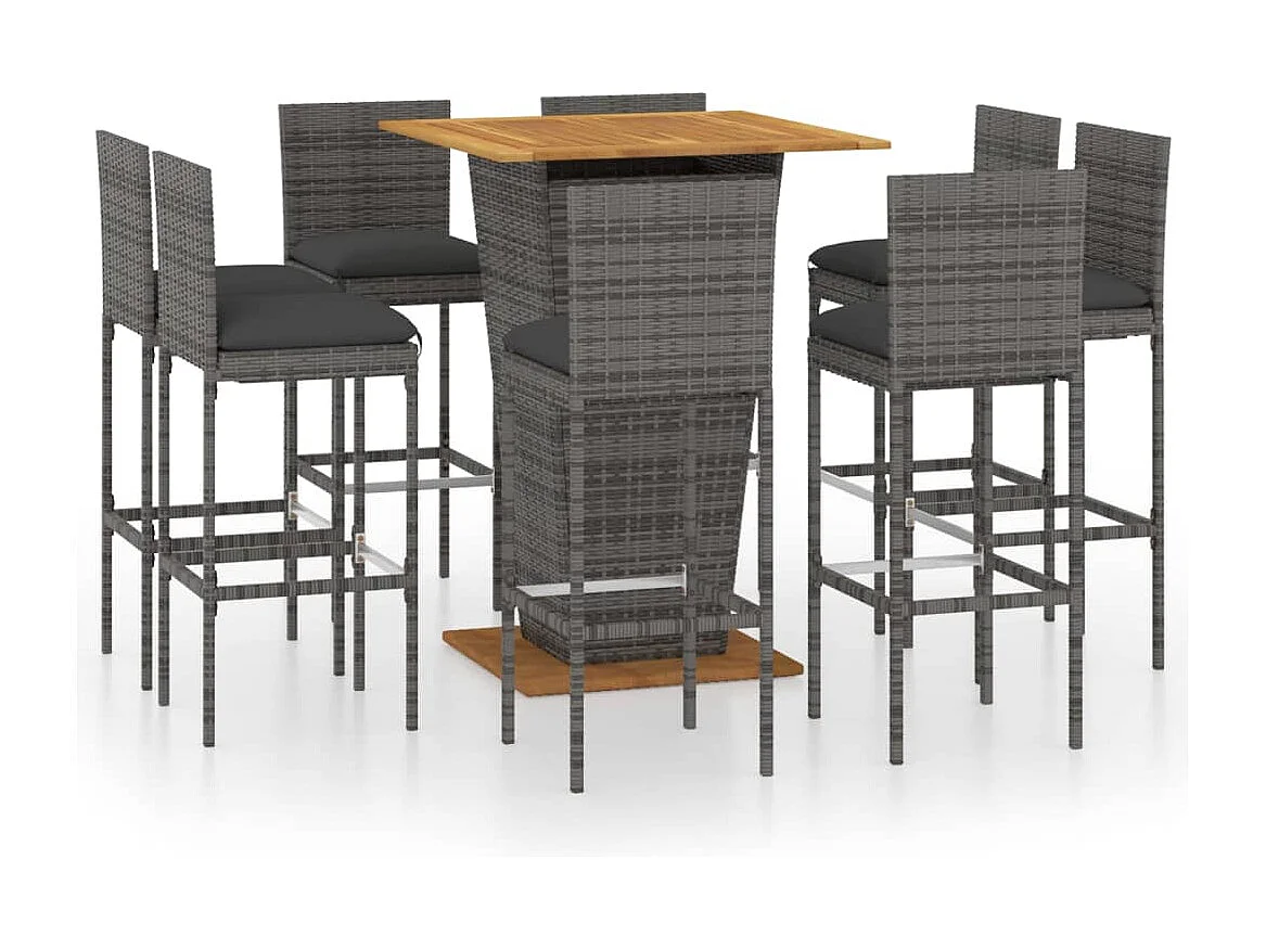 Woodmoor  Ensemble de bar de jardin 9 pcs et coussins Résine tressée Gris