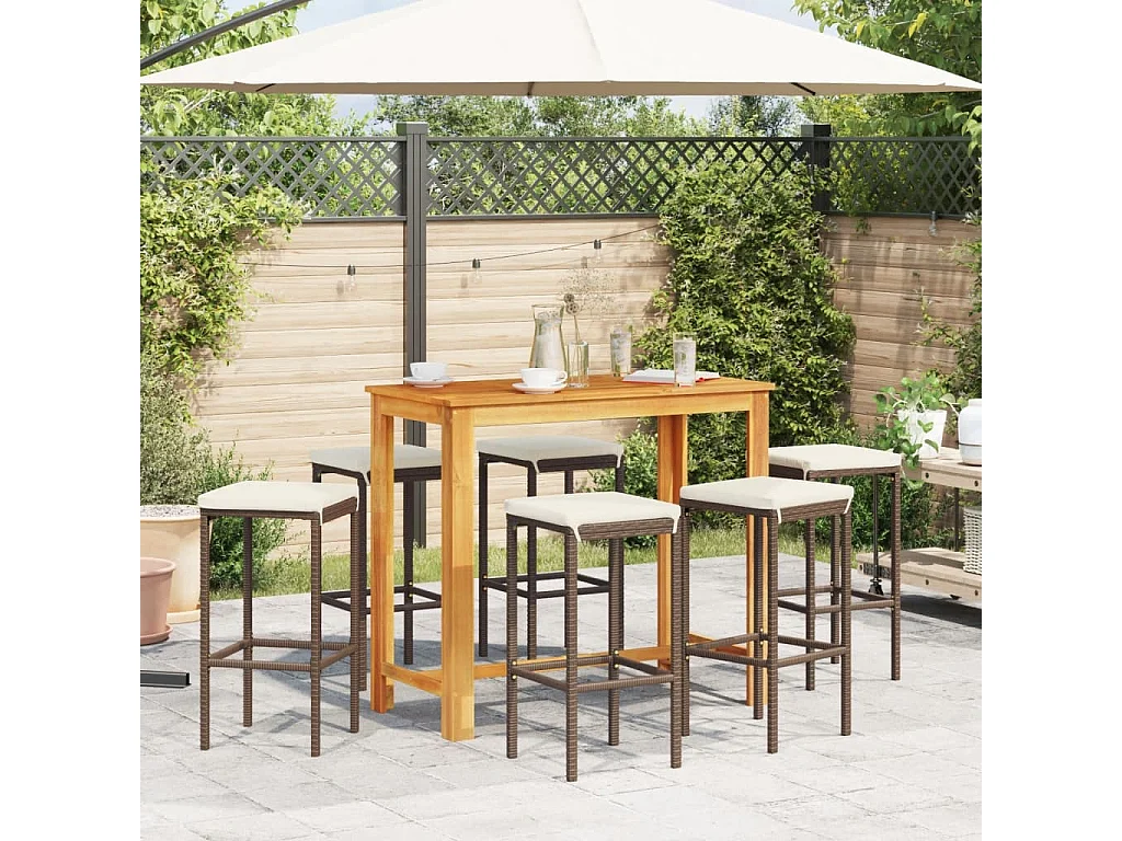 Kelton  Ensemble de bar de jardin 7 pcs marron bois massif acacia rotin