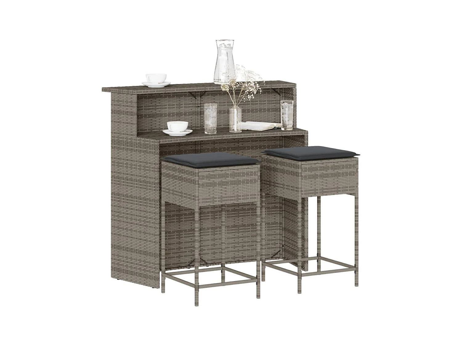 Inarin  Ensemble de bar de jardin 3 pcs et coussins gris résine tressée