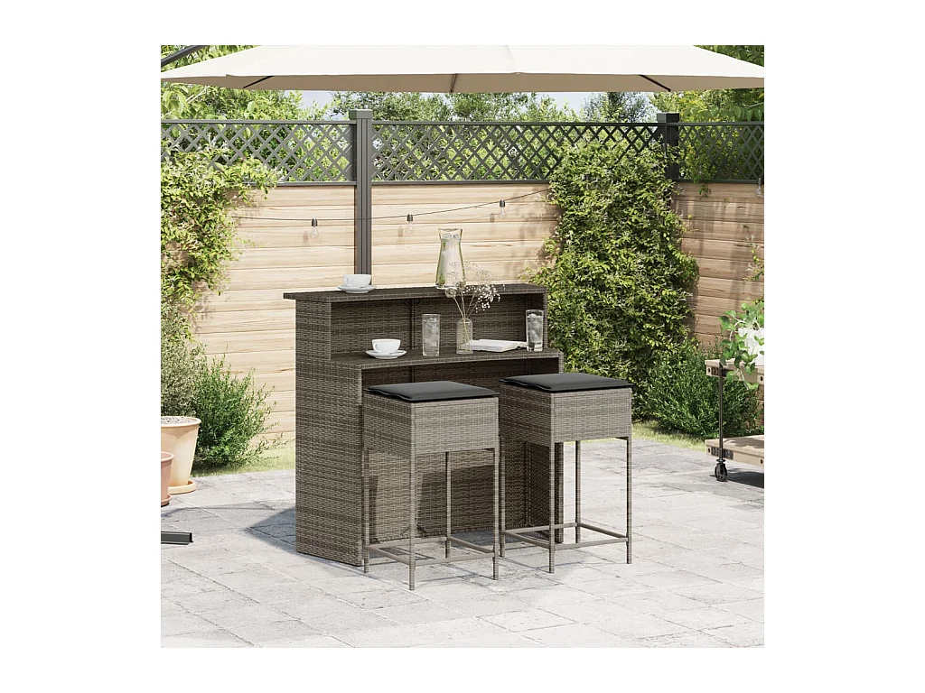 Inarin  Ensemble de bar de jardin 3 pcs et coussins gris résine tressée