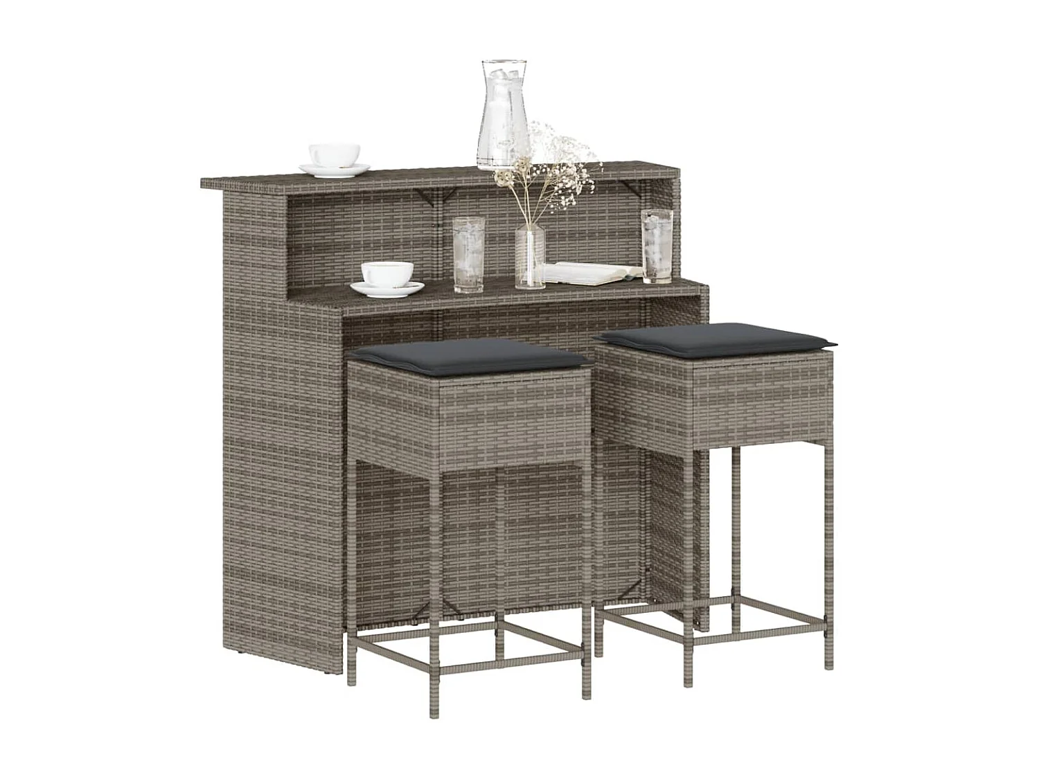 Inarin  Ensemble de bar de jardin 3 pcs et coussins gris résine tressée