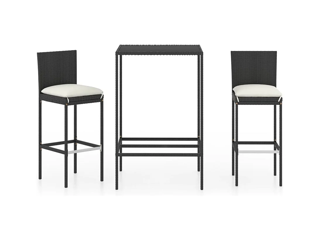 Helyra  Ensemble de bar de jardin 3 pcs et coussins Résine tressée Noir