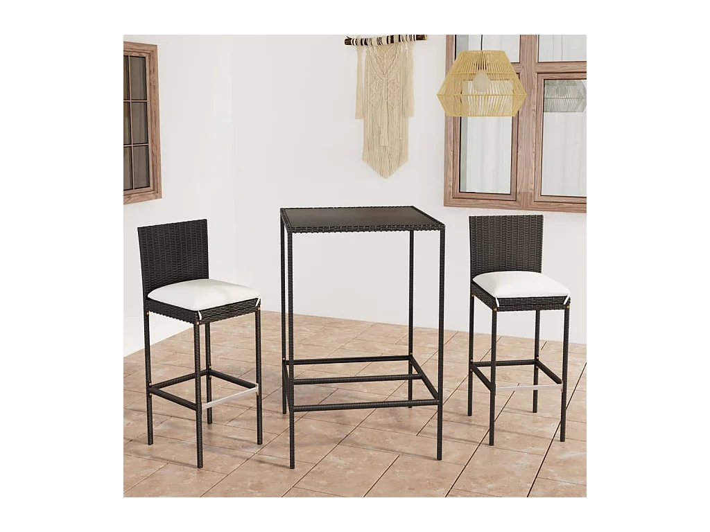 Helyra  Ensemble de bar de jardin 3 pcs et coussins Résine tressée Noir