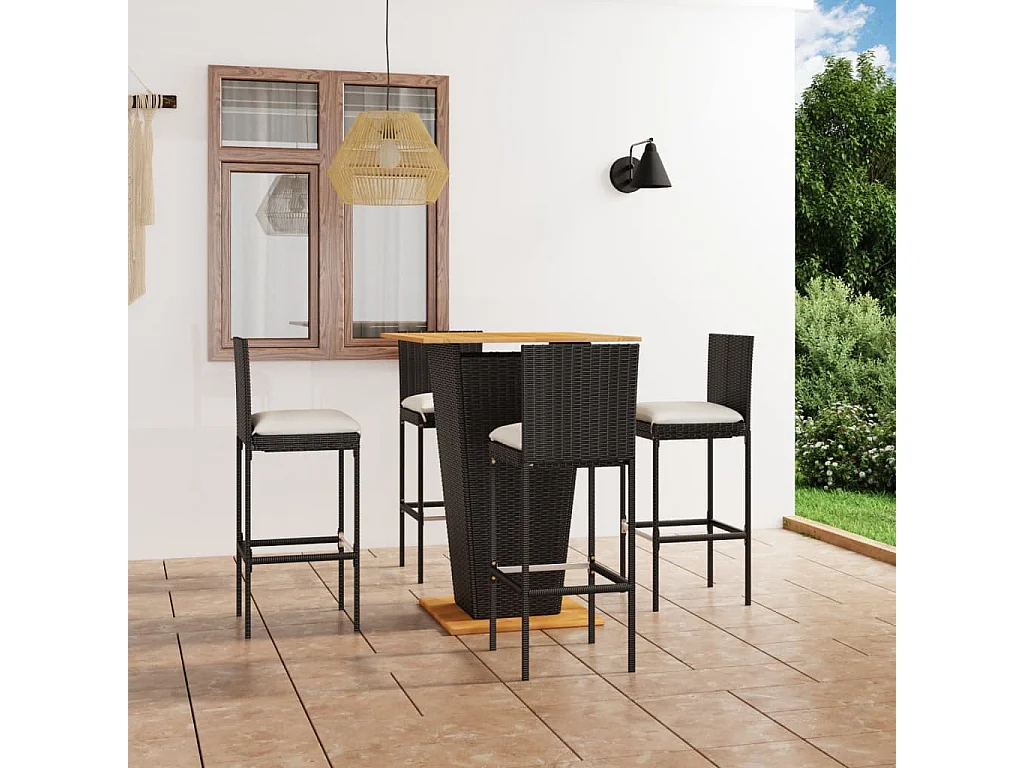Woodmoor  Set de muebles de bar de jardín 5 pzas y cojines ratán PE negro