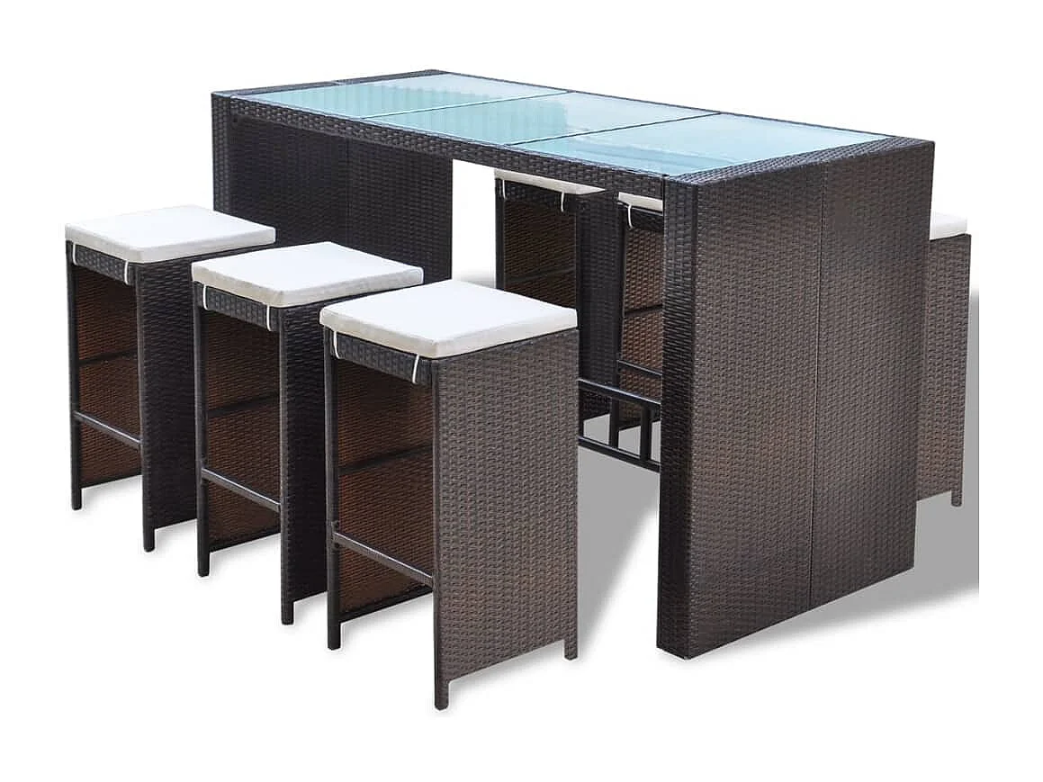 Laurent-Paul-Francis  Ensemble de bar de jardin 7 pcs coussins Résine tressée Marron