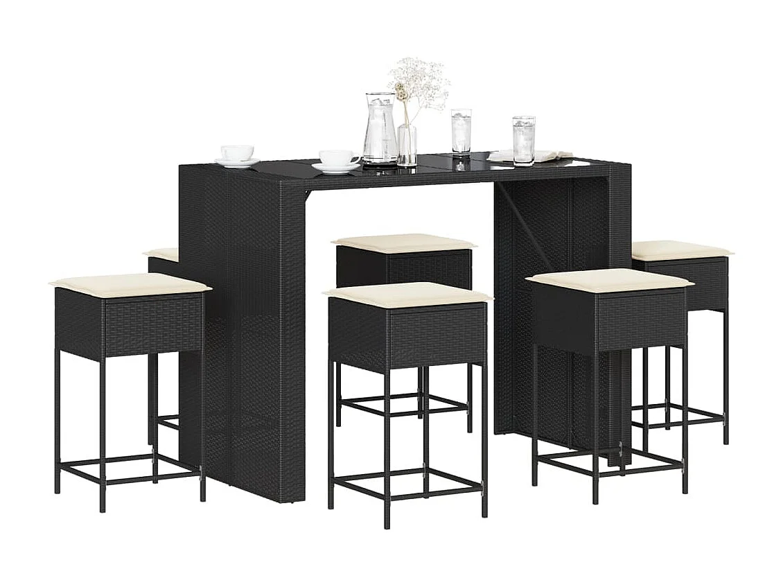 Mirlen  7-delige Tuinbarset met kussens poly rattan zwart