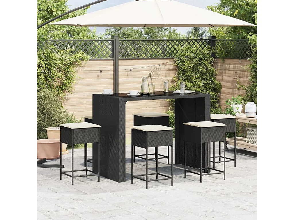 Mirlen  7-delige Tuinbarset met kussens poly rattan zwart