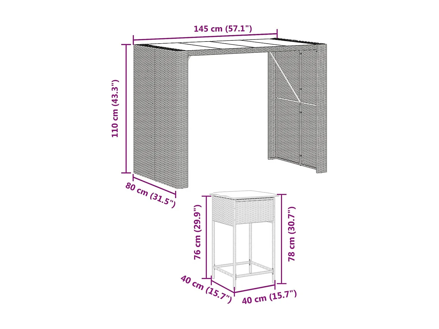 Mirlen  7-delige Tuinbarset met kussens poly rattan zwart