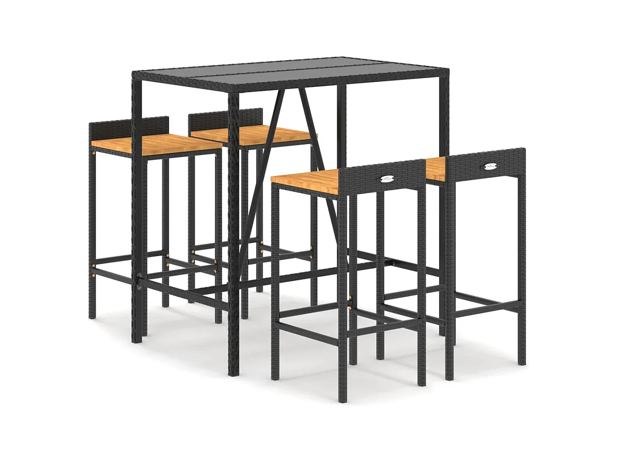 Vraldir  Ensemble de bar jardin 5 pcs noir poly rotin/bois massif acacia