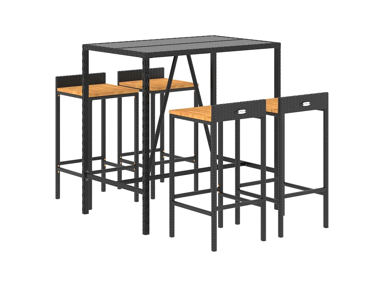 Vraldir  Ensemble de bar jardin 5 pcs noir poly rotin/bois massif acacia