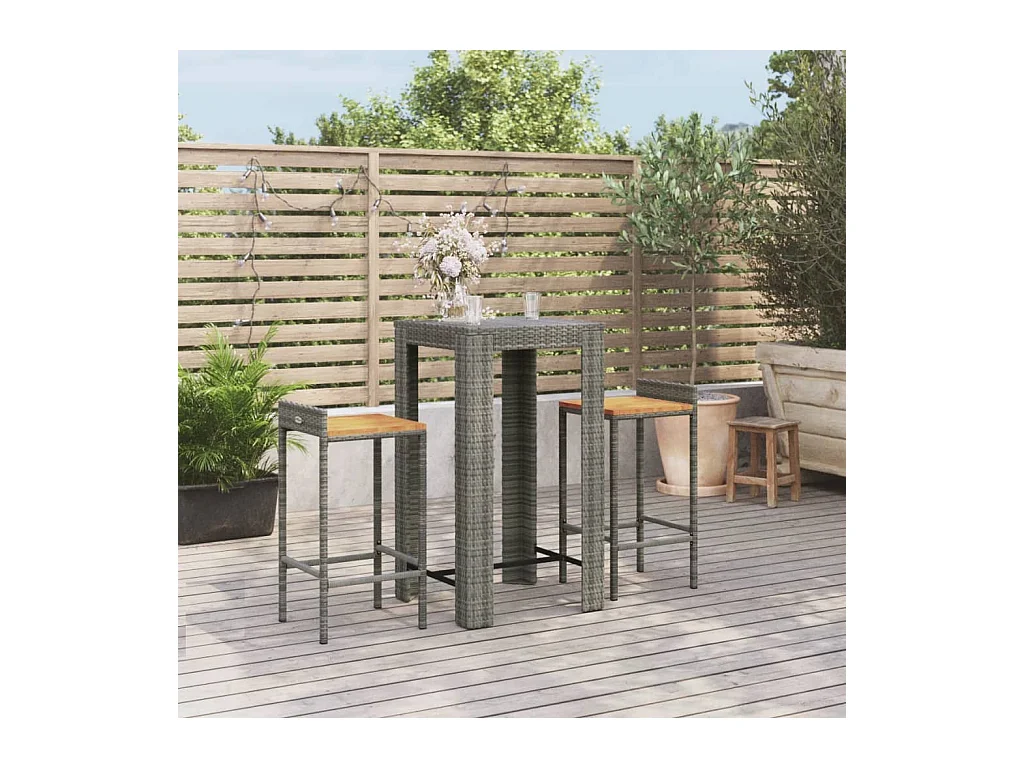 Sophie-Éléonore  Ensemble de bar jardin 3 pcs gris poly rotin/bois massif acacia