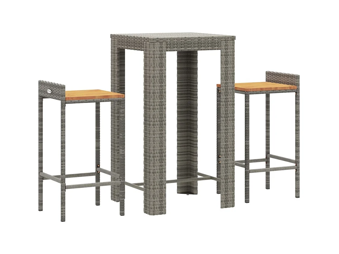 Sophie-Éléonore  Ensemble de bar jardin 3 pcs gris poly rotin/bois massif acacia