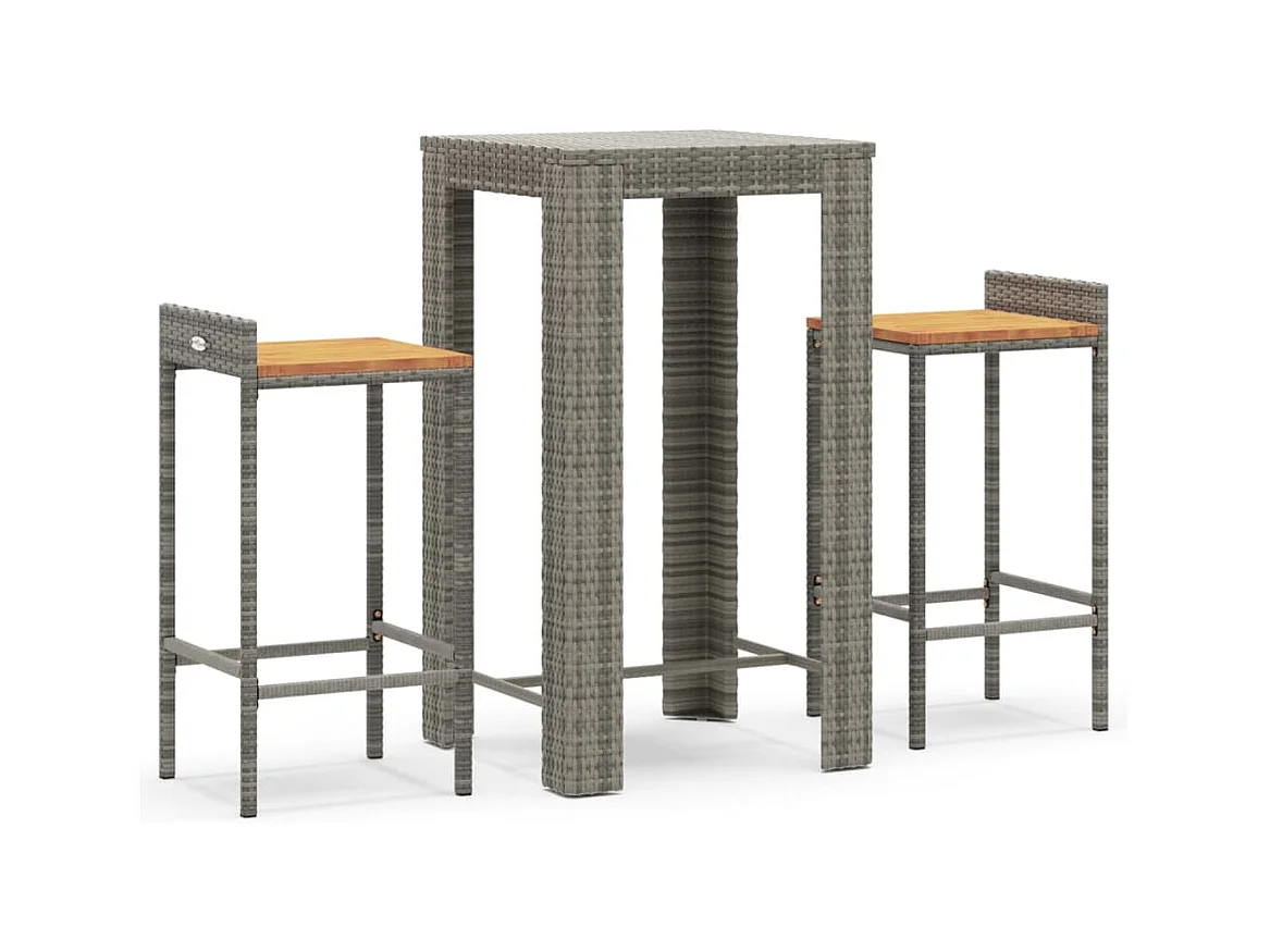 Sophie-Éléonore  Mesa y taburetes altos jardín 3 pzas madera y ratán PE gris