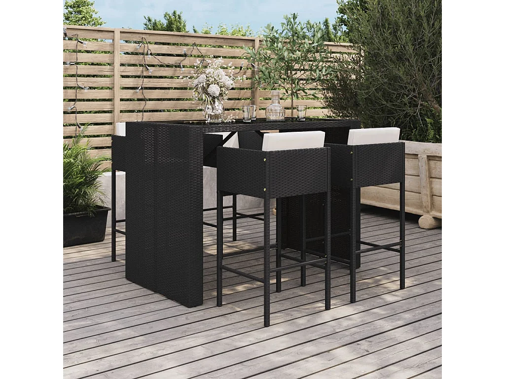 Vjorn  Ensemble de bar de jardin 5 pcs avec coussins noir poly rotin