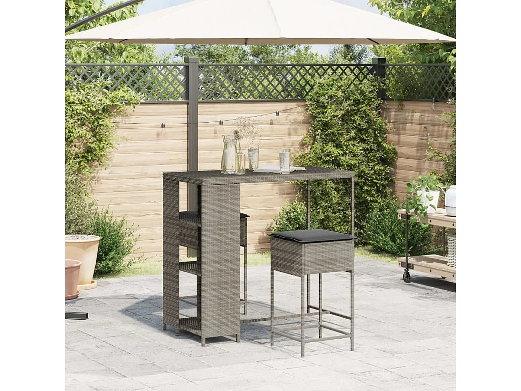 Kella  Ensemble de bar de jardin 3 pcs et coussins gris résine tressée
