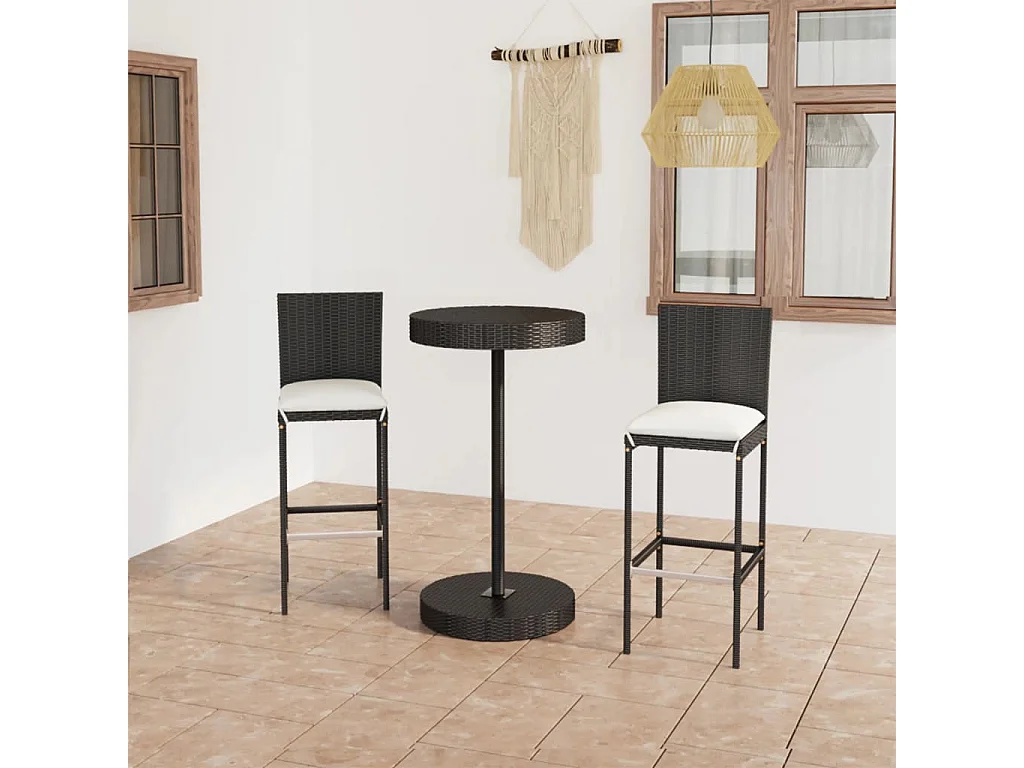 Ildir  Ensemble de bar de jardin 3 pcs et coussins Résine tressée Noir